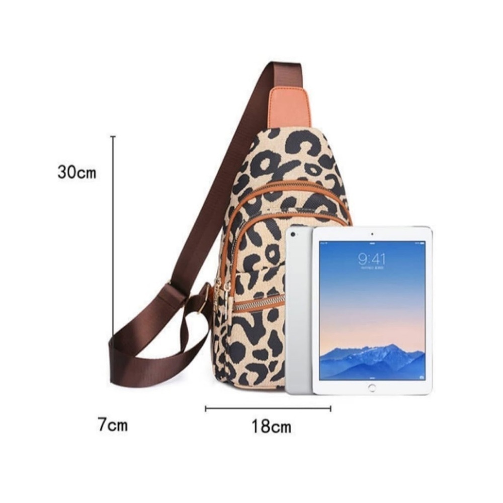 Leopard Print Sling Bag Crossbody Backpack Brown Tan Chest Bag - Picture 2 of 5